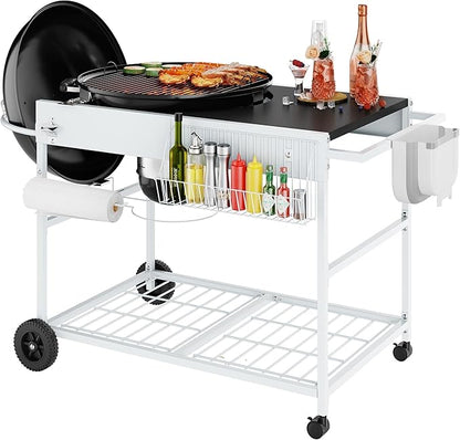 Shintenchi Grill Table for Weber 22" & 18" Original Kettle, Outdor Grill Cart with Wheels, Movable Outdoor Prep Table Cooking Station for JumboJoe Master-Touch Charcoal Grill