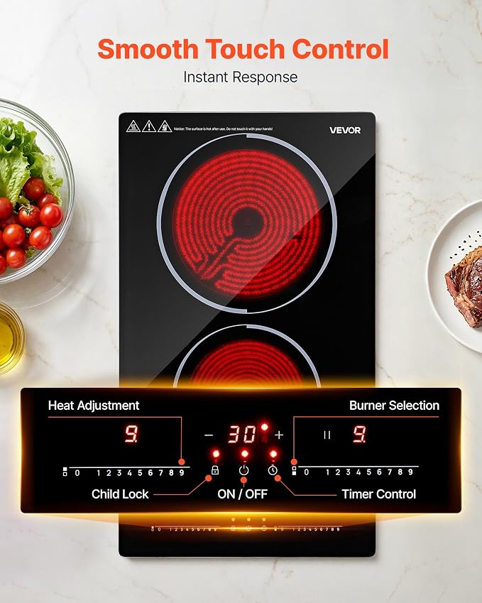 VEVOR Electric Cooktop 12inch 2 Burners Portable Stove Top 1800W 120V, Ceramic Countertop/Built-in Radiant Electric Stove, with 9 Power Levels, Timer, Child Lock, Over-Heat Guard, Touch Control