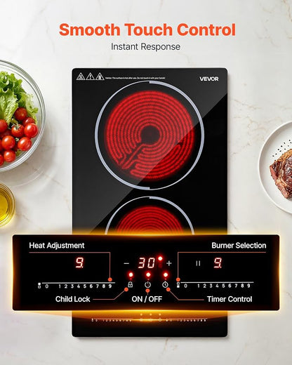 VEVOR Electric Cooktop 12inch 2 Burners Portable Stove Top 1800W 120V, Ceramic Countertop/Built-in Radiant Electric Stove, with 9 Power Levels, Timer, Child Lock, Over-Heat Guard, Touch Control