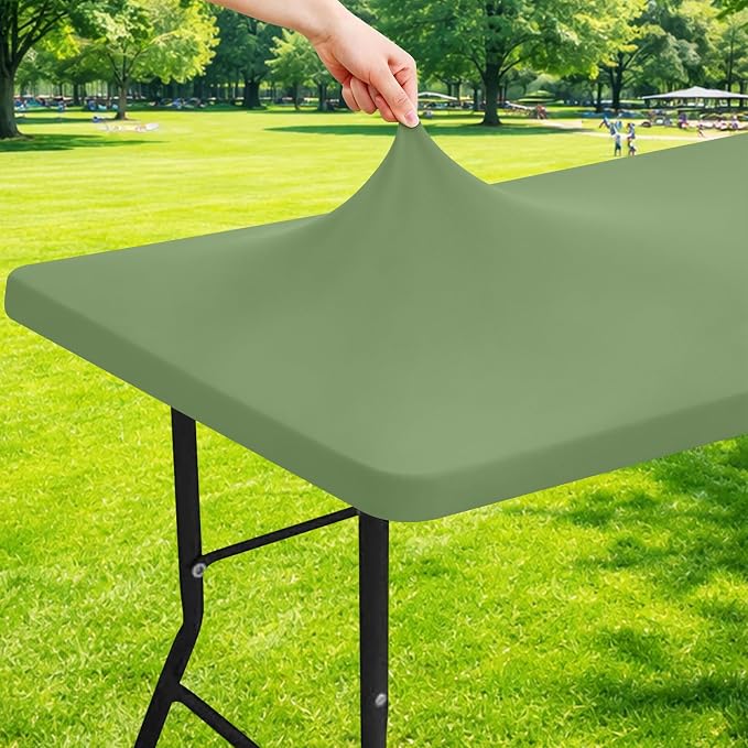 Moosfor Spandex 4 Foot Rectangle Table Cloth, Elastic Fitted Tablecloths for Picnic, Stretch Washable Patio Table Cover for Outdoor, Camping, Banquet and Parties (Sage Green, 24"x48")