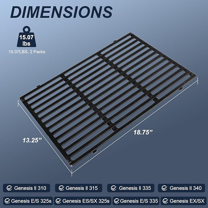Uniflasy Grill Grate for Weber Genesis II Grill Grates, Cast Iron Replacement Grates for Genesis II 300 Series & Genesis II LX 300 (2017+), 2PCS 18.75" x 13.25", Replaces 66095/66802/66805