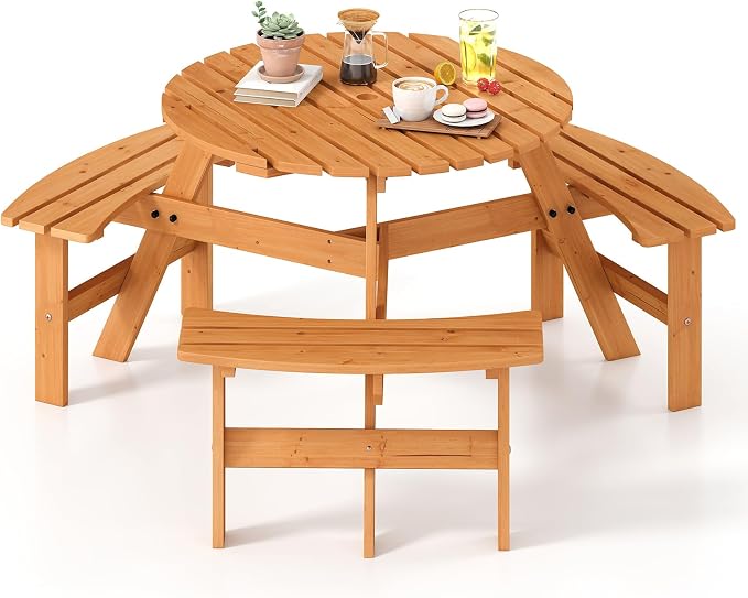 Tangkula 6-Person Wood Picnic Table, Outdoor Round Table and Bench Set with 3 Built-in Benches, Umbrella Hole, Perfect for Outside, Patio, Garden, Backyard, Porch (6-Person,Yellow)