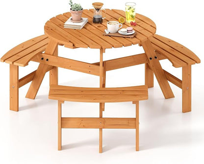 Tangkula 6-Person Wood Picnic Table, Outdoor Round Table and Bench Set with 3 Built-in Benches, Umbrella Hole, Perfect for Outside, Patio, Garden, Backyard, Porch (6-Person,Yellow)