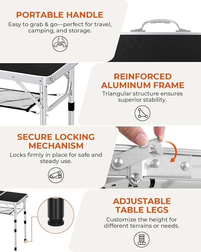 Sportneer Camping Table: Adjustable Height Small Folding Table 23.6" L x 15.7" W 4 Height with Mesh Layer - Compact & Portable Camping Essentials for Outdoor Camp Garden Picnic BBQ Dining Cooking