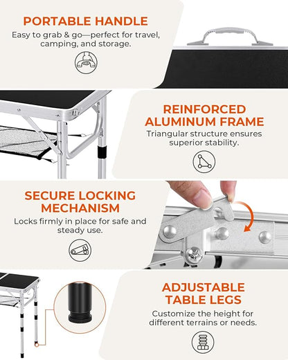 Sportneer Camping Table: Adjustable Height Small Folding Table 23.6" L x 15.7" W 4 Height with Mesh Layer - Compact & Portable Camping Essentials for Outdoor Camp Garden Picnic BBQ Dining Cooking