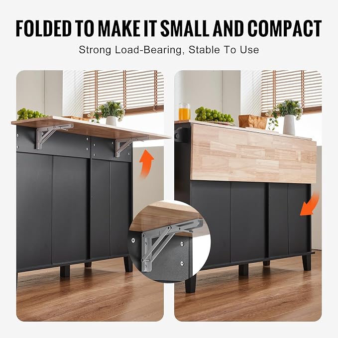 VEVOR Kitchen Island Cart, 50" Wood Top Breakfast Bar with Trash Cabinet Tilt Out 10 Gallon Storage, Farmhouse Dining Living Room Table with Drop Leaf, Towel Bar, Drawer, Black