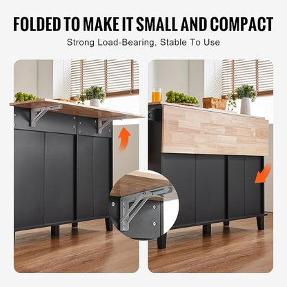 VEVOR Kitchen Island Cart, 50" Wood Top Breakfast Bar with Trash Cabinet Tilt Out 10 Gallon Storage, Farmhouse Dining Living Room Table with Drop Leaf, Towel Bar, Drawer, Black
