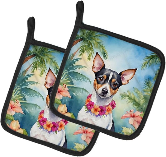 Caroline's Treasures Rat Terrier Luau Pair of Pot Holders Kitchen Heat Resistant Pot Holders Sets Oven Hot Pads for Cooking Baking BBQ, 7 1/2 x 7 1/2
