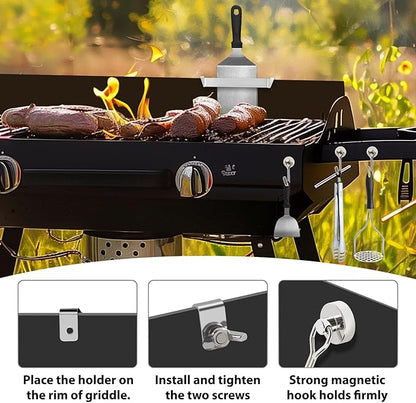Belle&Beau 6.3 Inch Griddle Spatula Holder, 2 Pack Stainless Steel Grill Barbecue Tool Rack with 3 Magnetic Hooks, Griddle Accessories for Blackstone Flat Top Griddle and Other Grill Griddles