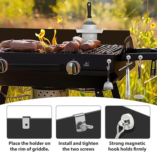 Belle&Beau 6.3 Inch Griddle Spatula Holder, 2 Pack Stainless Steel Grill Barbecue Tool Rack with 3 Magnetic Hooks, Griddle Accessories for Blackstone Flat Top Griddle and Other Grill Griddles