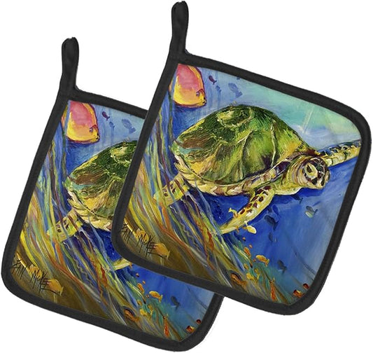 Caroline's Treasures JMK1262PTHD Loggerhead Sea Turtle Pair of Pot Holders Kitchen Heat Resistant Pot Holders Sets Oven Hot Pads for Cooking Baking BBQ, 7 1/2 x 7 1/2