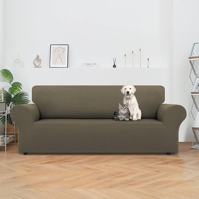 LURKA Stretch Couch Cover for Sofa, 1 Piece 3 Cushion Slipcover, Khaki | Soft Stretch Jacquard, Fits 78"-94" Sofas, Elastic Bottom for Secure Fit, Machine Washable, Pet & Kid Friendly