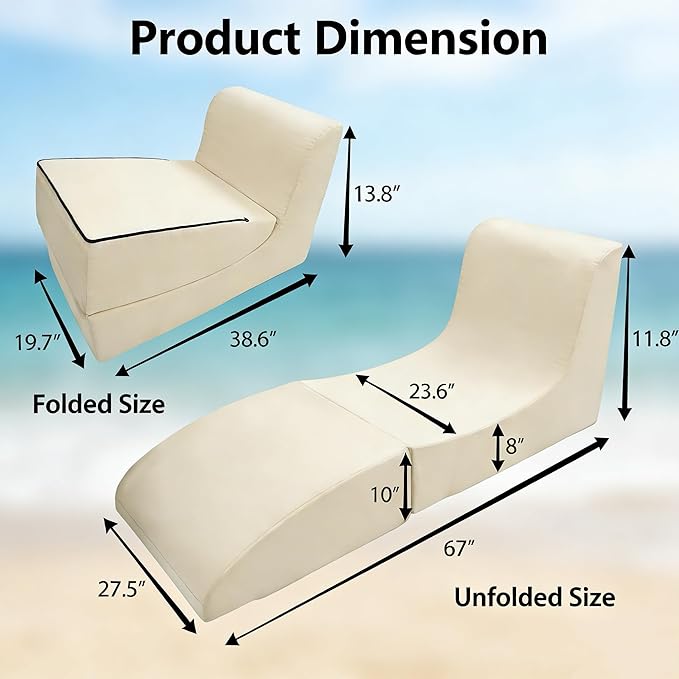 ZealWe Bean Bag Chair Set of 2 Outdoor Patio Lounge Chair with Back Support, Chaise Lounge Chair Waterproof Beach Bean Bag Couch for Adults, Memory Foam Filled for Poolside Balcony, Beige | water proof