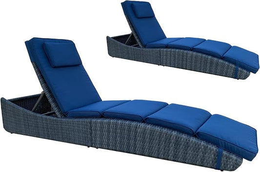 BTEXPERT Outdoor Chaise Lounges Pool Cushioned Chair Wicker Patio Rattan Poolside Folding Space Saving Sun Lounger Adjustable Backrest Couch Reclining Fully Assembled Two Piece Blue