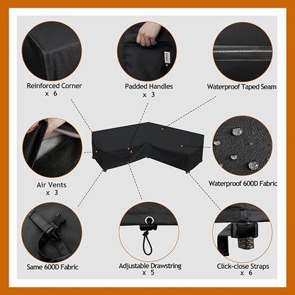 Heavy Duty Outdoor Sectional Sofa Cover, Waterproof 600D Patio Sectional Couch Protector, Lawn Patio Furniture Covers (Midnight Black, V-Shaped-90 x 90")