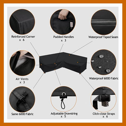 Heavy Duty Outdoor Sectional Sofa Cover, 115"X115" Waterproof 600D Patio Sectional Couch Protector, Lawn Patio Furniture Covers(Midnight Black, V-Shaped-115 x115)