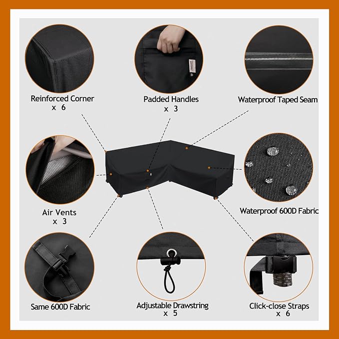 Heavy Duty Outdoor Sectional Sofa Cover, 100"x100" Waterproof 600D Patio Sectional Couch Covers, Lawn Patio Furniture Protector(Midnight Black, V-Shaped-100 x100)