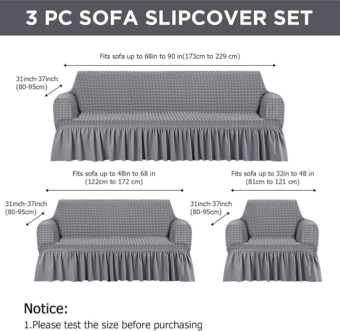 Fanfanwin 3 Pcs Sofa Slipcover Set for Couch Cushion Durable Washable High Elastic Stretchable Furniture Couch Covers with Skirt for Sofa Loveseat Arm Chair(Light Gray,Seersucker)