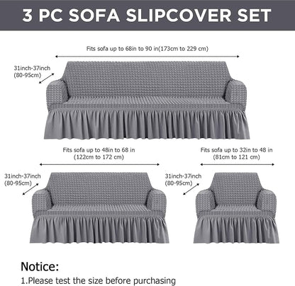 Fanfanwin 3 Pcs Sofa Slipcover Set for Couch Cushion Durable Washable High Elastic Stretchable Furniture Couch Covers with Skirt for Sofa Loveseat Arm Chair(Light Gray,Seersucker)