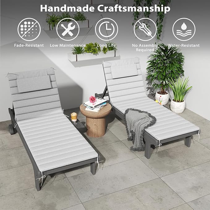 Sundale Outdoor Olefin Quilted Lounge Cushion Set of 2, Patio Foldable Chaise Lounger Cushion, Water-Resistant Lounge Chair Pad with Straps Light Gray, 80 x 26 inches