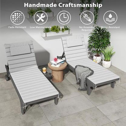 Sundale Outdoor Olefin Quilted Lounge Cushion Set of 4, Patio Foldable Chaise Lounger Cushion, Water-Resistant Lounge Chair Pad with Straps Light Gray, 80 x 26 inches