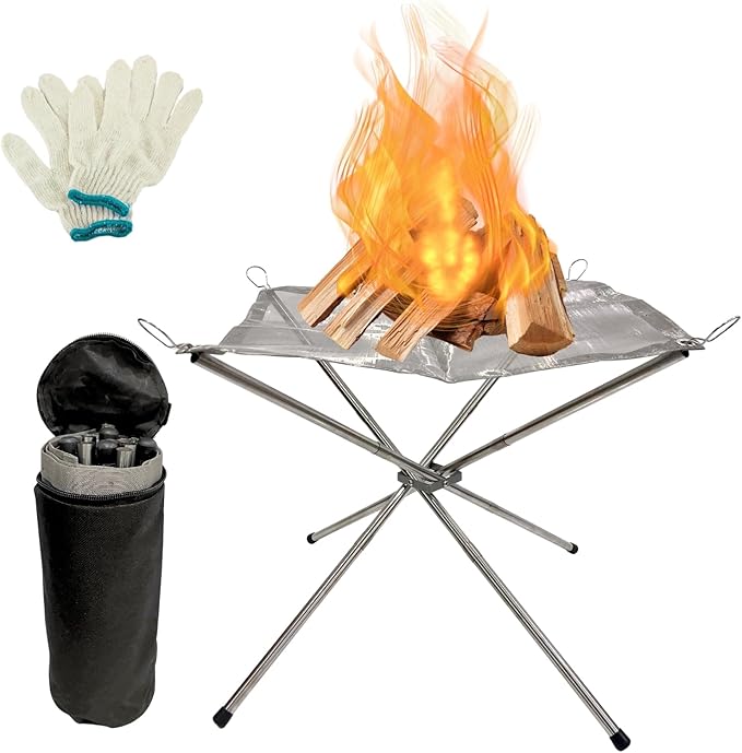 BeGrit Portable Fire Pit for Camping, 16.5" Wood Burning Fire Pits for Outdoor, 304 Stainless Steel Mesh Firepit for BBQ, Bonfire, Backyard, Garden, Patio (with Carrying Bag & Gloves)