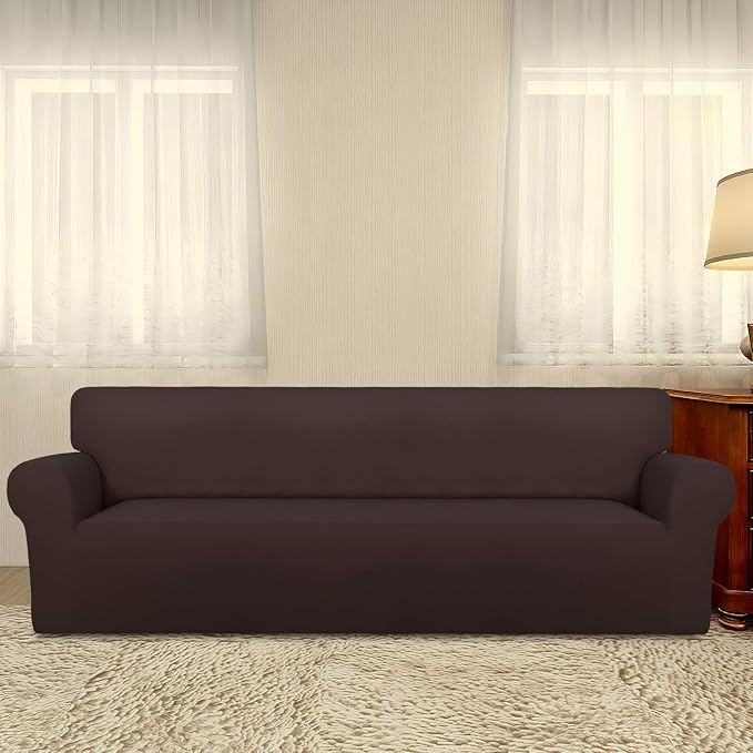 PureFit Stretch Couch Covers for Sofa 4 Seater Slipcovers Chocolate | 1-Piece Sofa Cover Washable Soft Couch protector, Couch Slipcover with Non Skid Foam and Elastic Bottom for Kids, Dogs