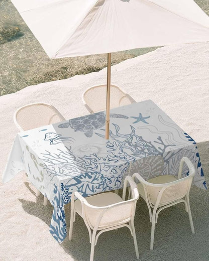 Blue Coastal Outdoor Tablecloth - 60x120 Inch Rectangle Waterproof Dining Table Cover, Nautical Summer Beach Sea Turtle Coral Outdoor Table Cloth with Umbrella Hole & Zipper for Patio