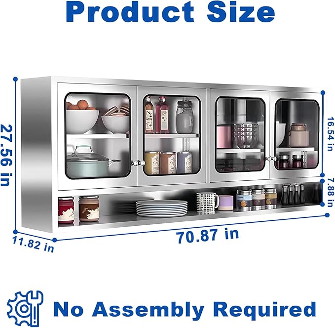 ZZV Kitchen Wall Cabinet, Stainless Steel Wall Mounted Cabinet with Adjustable Shelves, Industrial Wall Storage Cabinet for Garage, Warehouse, No Assembly Required, 11.82D x 70.87W x 27.56H in
