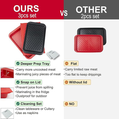 ECOIOU Grilling Prep and Serving Tray with Lid, BBQ Deep Tray for Marinating Raw and Cooked Food, Melamine Serving Trays for Food, Black and Red