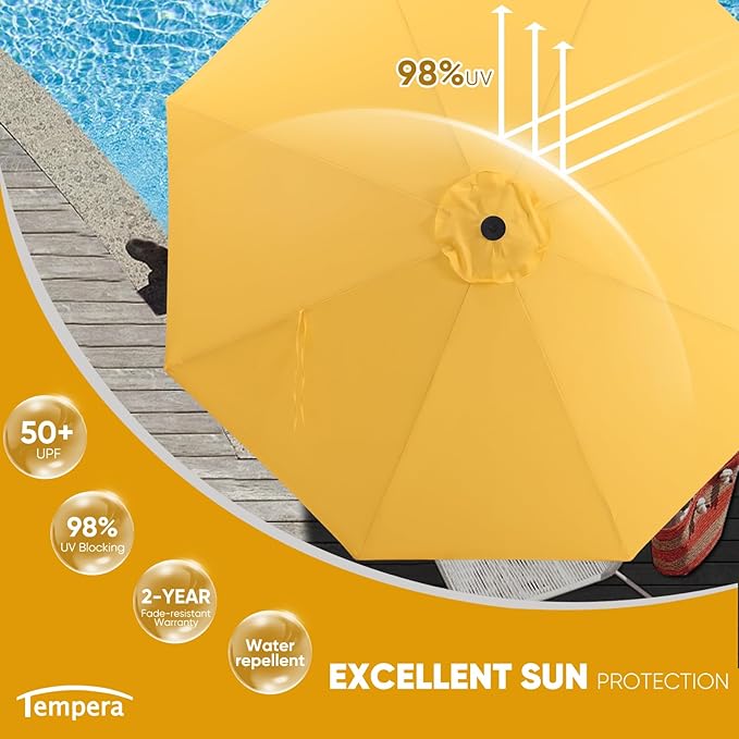 Tempera Patio Market Outdoor Table Umbrella with Auto Tilt and Crank, Large Sun Umbrella with Sturdy Pole & Fade Resistant Canopy, Easy to Set