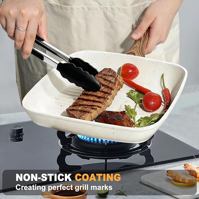 NEWBULIG 3-Piece Nonstick Grill Pan Set, Square Griddle Pans with Wooden Handles, Induction Cooktop Compatible, Nonstick Cookware for Steak, BBQ, Vegetables, Cream White, 9.5, 10.2, 11 Inch