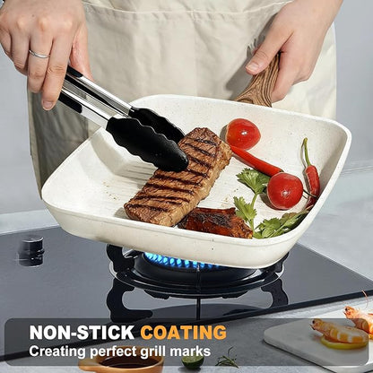 NEWBULIG 3-Piece Nonstick Grill Pan Set, Square Griddle Pans with Wooden Handles, Induction Cooktop Compatible, Nonstick Cookware for Steak, BBQ, Vegetables, Cream White, 9.5, 10.2, 11 Inch