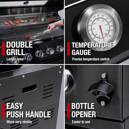 85-Inch Stainless Steel Outdoor Kitchen Grill Island, 6-Burner 72,000 BTU Propane Gas BBQ Grill with Wine Cooler Refrigerator, Rotisserie Kit, Granite Countertops, Sink, Glide Wheels, Black