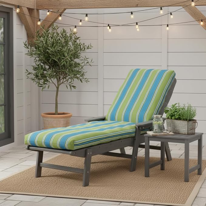 Modern Outdoor Chaise Lounge Cushion with Ties – Durable Polyester Fabric, Channel-Filled Polyfiber Insert, Removable Zippered Cover, Cayman Stripe