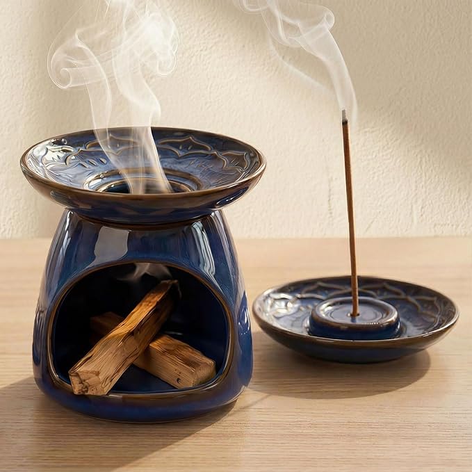 Palo Santo Incense Holder, 3-in-1 Handcrafted Ceramic Sage Burner | Heat-Resistant Palo Santo Burner for Stick & Cone with Detachable Lotus Stick Tray for Meditation Home Decor Gift