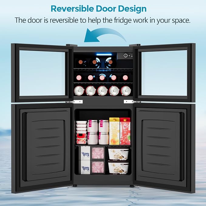 COWSAR 2.6 Cu.Ft Beverage Refrigerator & Mini Fridge with Freezer - Glass Door, Reversible Design, Adjustable Thermostat for Dorm, Office, Bedroom