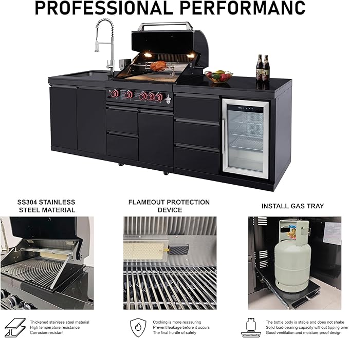 102" Outdoor Kitchen Island with Grill, 4-Burner 59,500 BTU Propane BBQ Island, Refrigerator, Sink with Trash Can Holder & 3-Drawer Cabinet, for Backyard and Patio Cooking, Black