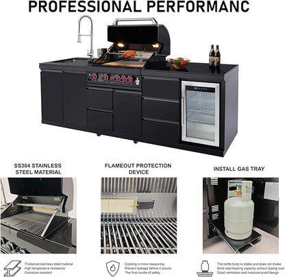 102" Outdoor Kitchen Island with Grill, 4-Burner 59,500 BTU Propane BBQ Island, Refrigerator, Sink with Trash Can Holder & 3-Drawer Cabinet, for Backyard and Patio Cooking, Black