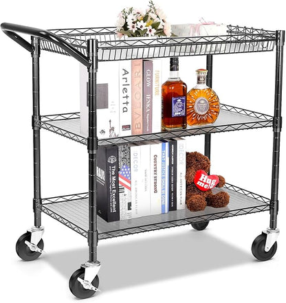 YNN Black Utility Rolling Cart,990Lbs 3 Tier Heavy Duty Metal Cart with Wheels & Handle NSF Wheeled Cart 31" D x 18" W x 33" H for Bedroom, Bathroom, Kitchen,Garden,Decor,Serving