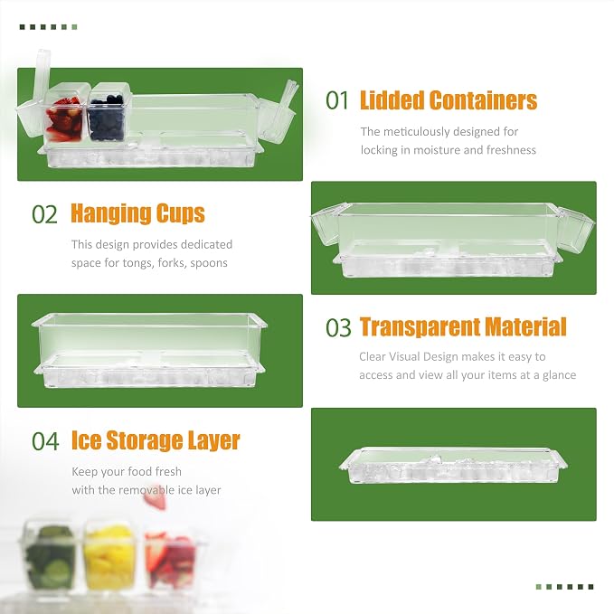 Chilled Condiment Server, Taco Bar Serving Set, Mimosa Bar Supplies, with 5 Lidded Containers and Detachable Ice Storage Layer, 2 Hanging Cups for Storing Tong or Forks