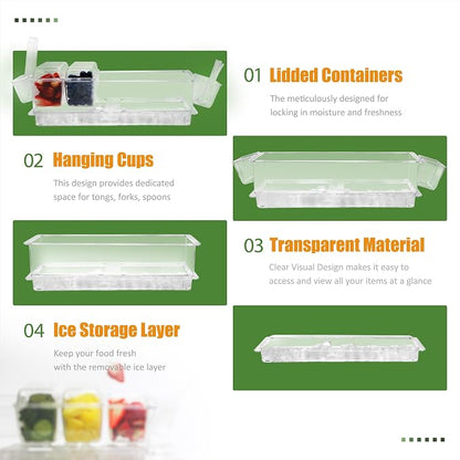 Chilled Condiment Server, Taco Bar Serving Set, Mimosa Bar Supplies, with 5 Lidded Containers and Detachable Ice Storage Layer, 2 Hanging Cups for Storing Tong or Forks