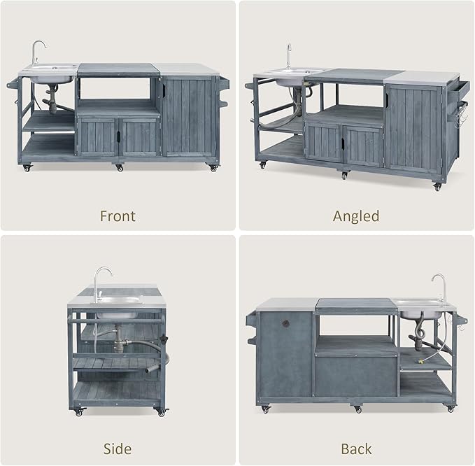 75.4" Outdoor Kitchen Island with Sink, Solid Wood Grill Cart for XL Big Green Egg, Rolling Outdoor Bar Cart with Stainless Steel Top, Adjustable Shelves, 6 Wheels for BBQ Pizza Prep