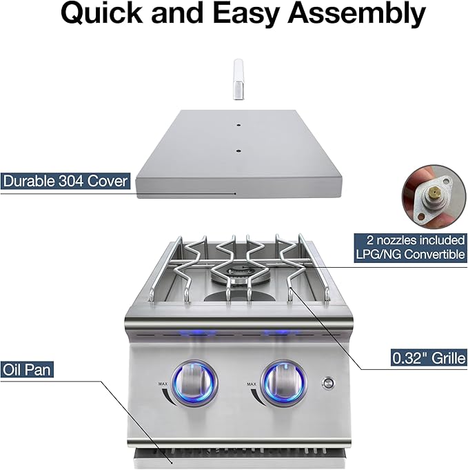 Double Grilling Side Burners for Outdoor Grill, Sturdy 304 Stainless Steel, with Liquid Propane Kit, Drop-in Side Burner for Outdoor Kitchen BBQ Island, 2 * 15,000BTU Natural Gas Side Burner