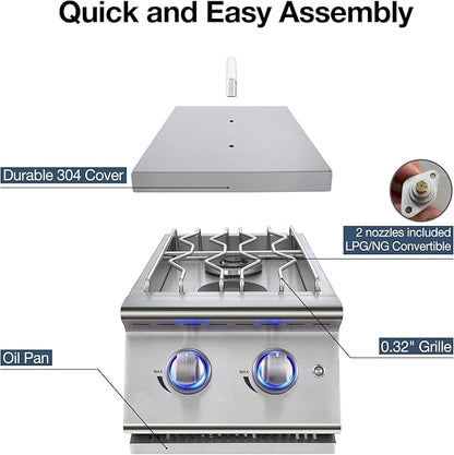 Double Grilling Side Burners for Outdoor Grill, Sturdy 304 Stainless Steel, with Liquid Propane Kit, Drop-in Side Burner for Outdoor Kitchen BBQ Island, 2 * 15,000BTU Natural Gas Side Burner