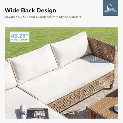 MFSTUDIO Wicker Patio Furniture Set, 2 Pieces Rattan Outdoor Couch Sectional Sofa with Ottoman, Beige