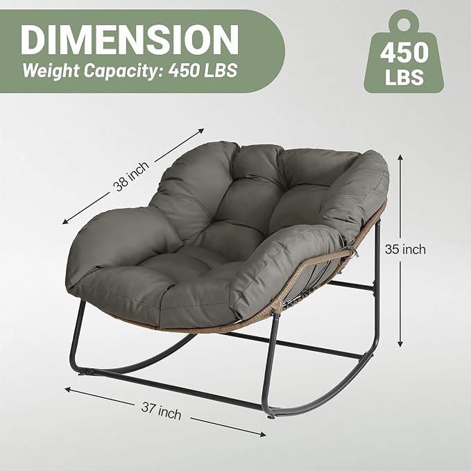 Bifanuo Oversized Egg Rocking Chair for Indoor/Outdoor – All-Weather Wicker Rattan Lounge Chair with Cushion, Patio Rocker for Porch, Garden, or Balcony (Classic Grey)