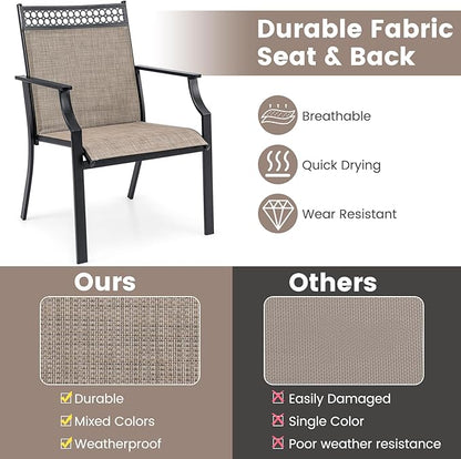 Giantex Patio Chairs Set of 2, Outdoor Chairs with All Weather Fabric, High Backrest, Armrests, Heavy Duty Metal Armchair, Outside Dining Chairs for Porch Lawn Garden Yard Pool (Light Brown & Black)
