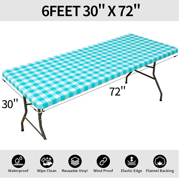 Smiry Rectangle Picnic Table Cloth, Elastic Waterproof Fitted Vinyl Tablecloths, Flannel Backed Buffalo Plaid Table Covers for Dining, Camping, Outdoor (White and Teal, 30" x 72")