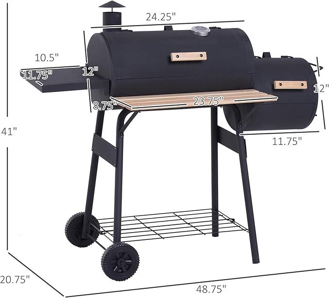 GOWE 48" Steel Portable Backyard Charcoal BBQ Grill and Offset Smoker Combo with Wheels